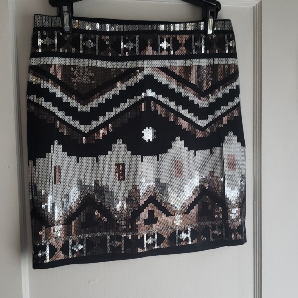 Express Silver Black White Sequin Mini Skirt S - image 1